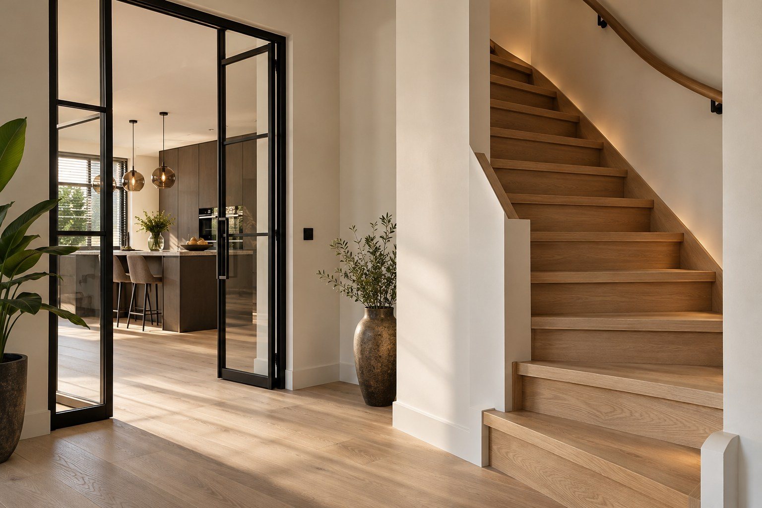 Sfeerbeeld van een rustig afgewerkt interieur met een eiken trap
